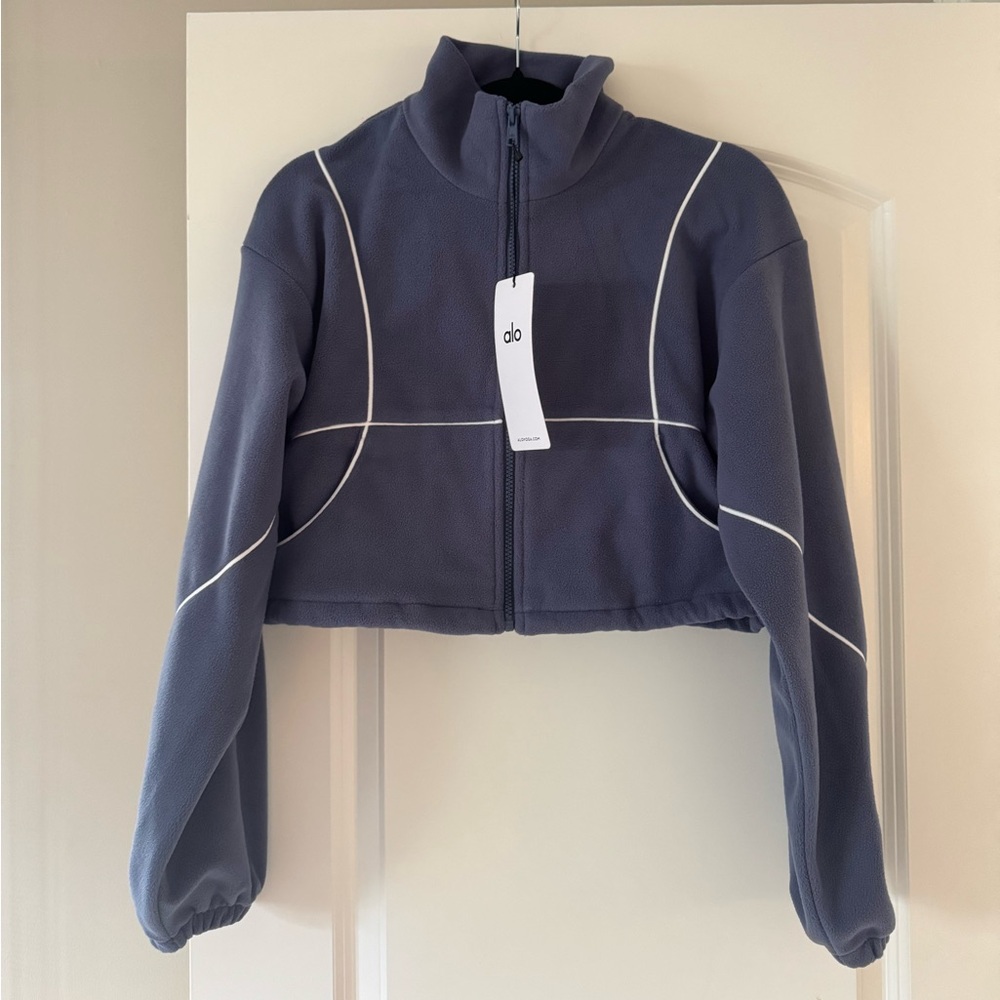 ALO YOGA Polar Fleece Game Time Full Zip Jacket BLUESTONE/WHITE Size S NWT